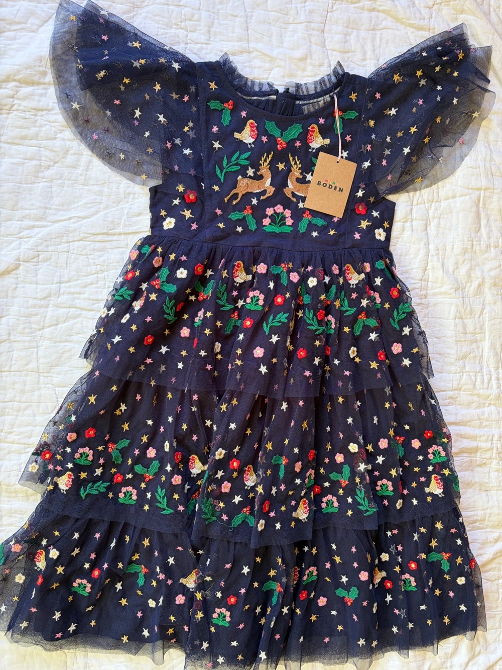 Mini Boden Navy Tulle Embroidered Party Dress, 4-5 years